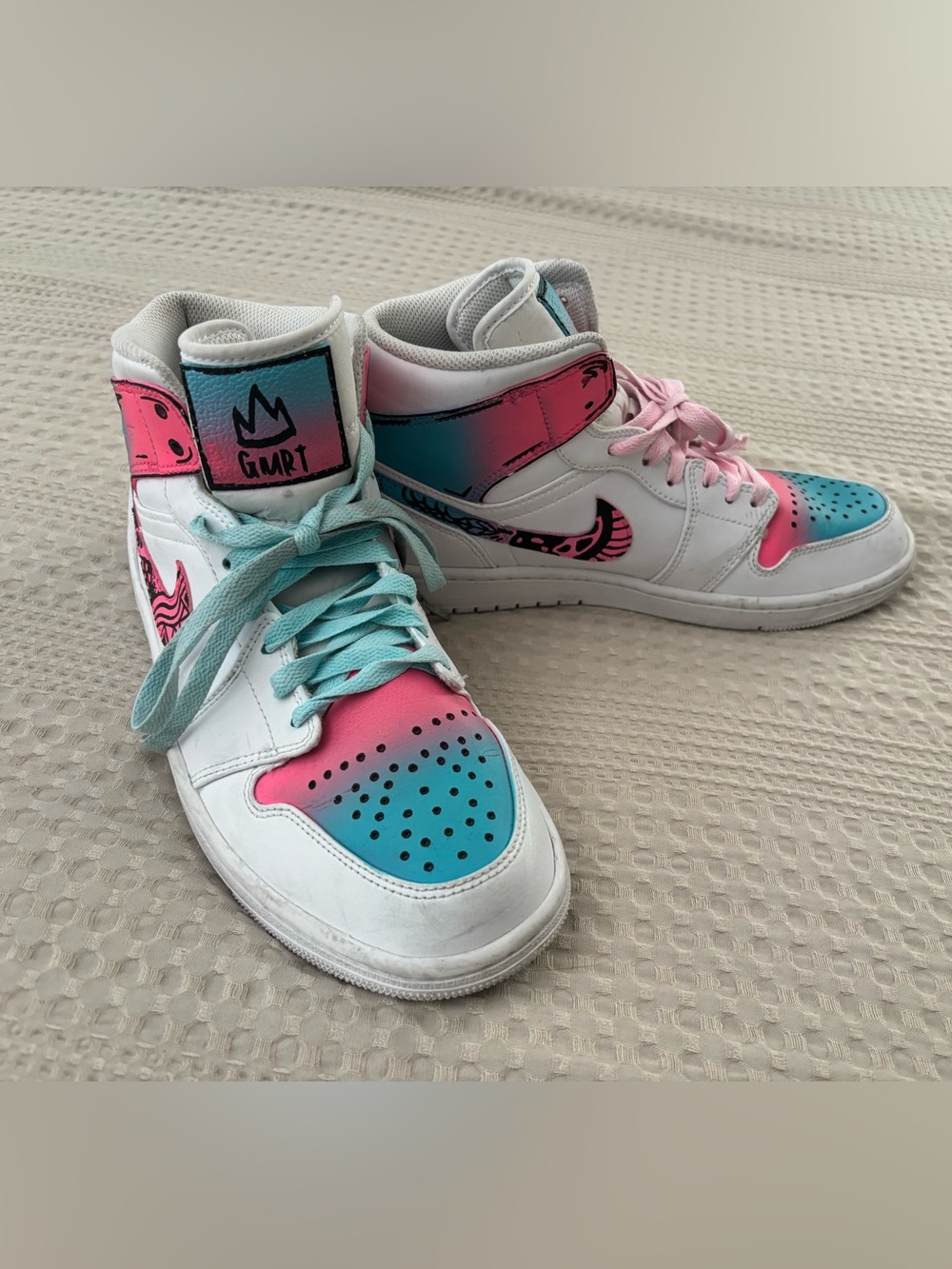 Custom Nike White High-Top Sneakers with Pink & Teal Gradient Accents